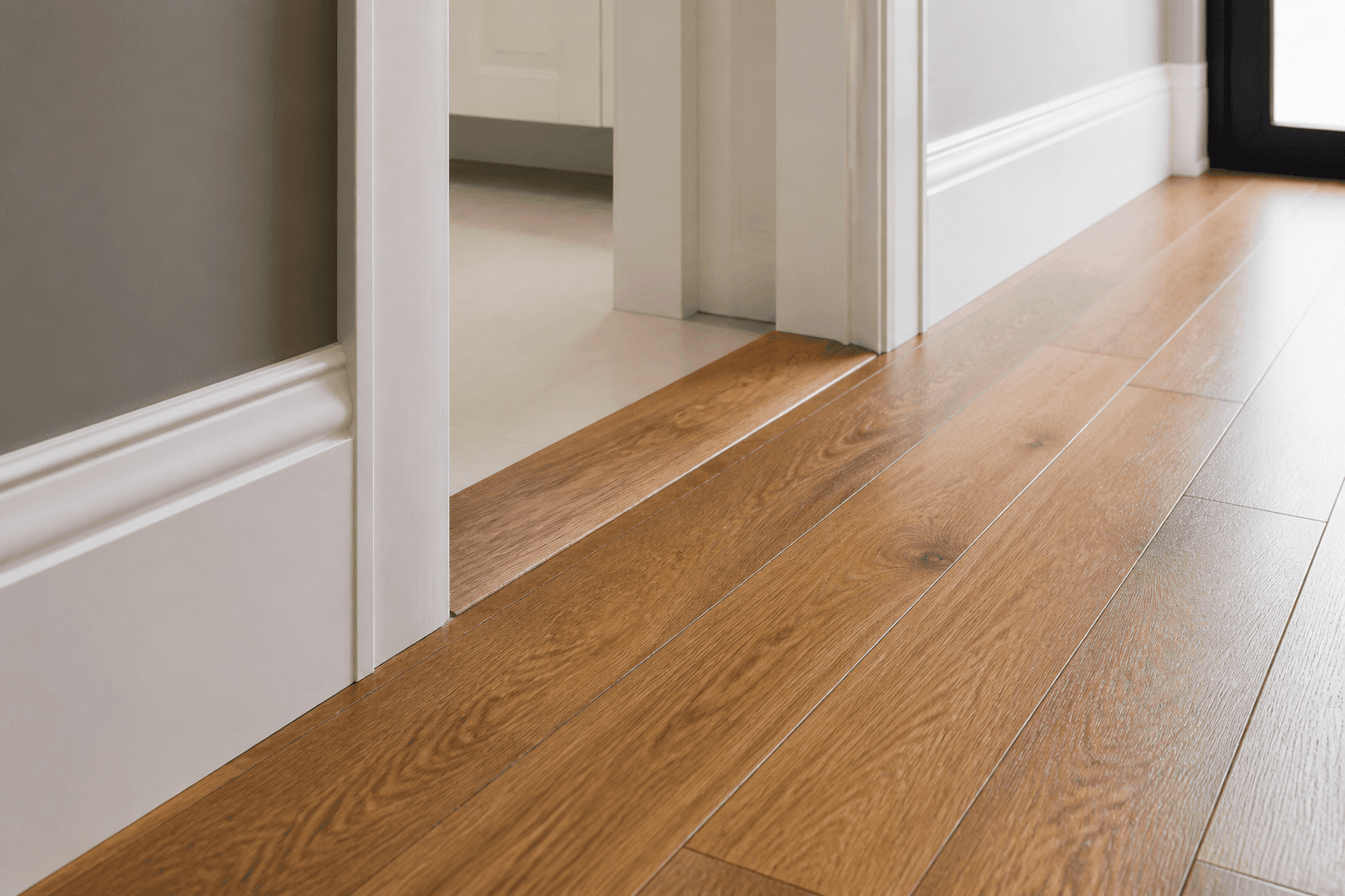 Engineered hardwood flooring installed over radiant heat in a Toronto bathroom