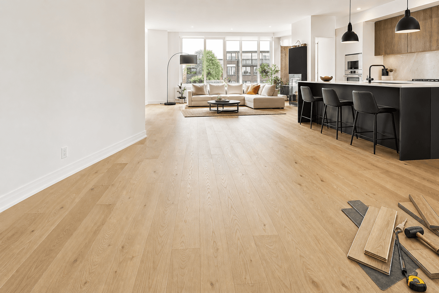 Finished wide plank flooring in a bright Toronto home