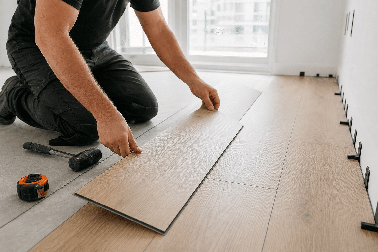 Flooration installer checking flooring layout and prep