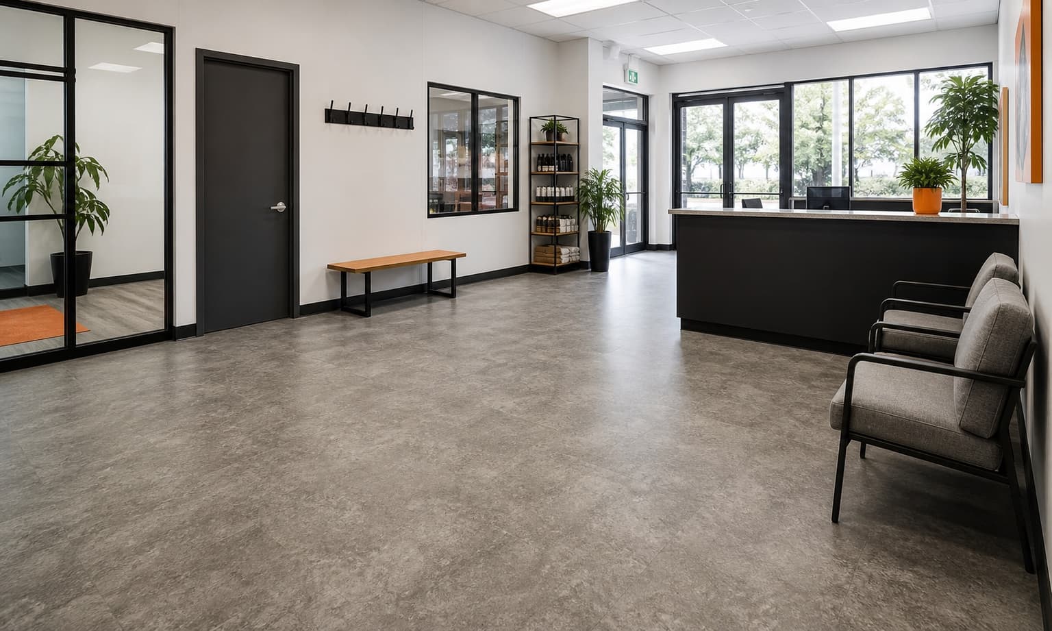 Finished durable commercial flooring in a bright workspace