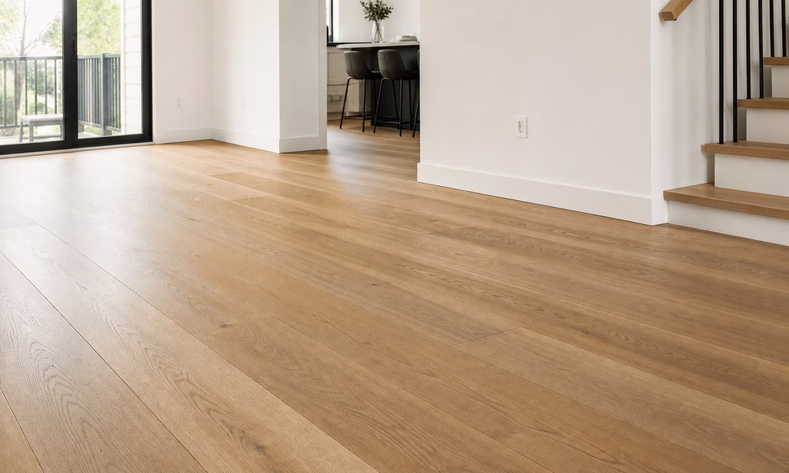 Finished wide plank hardwood flooring in a bright room