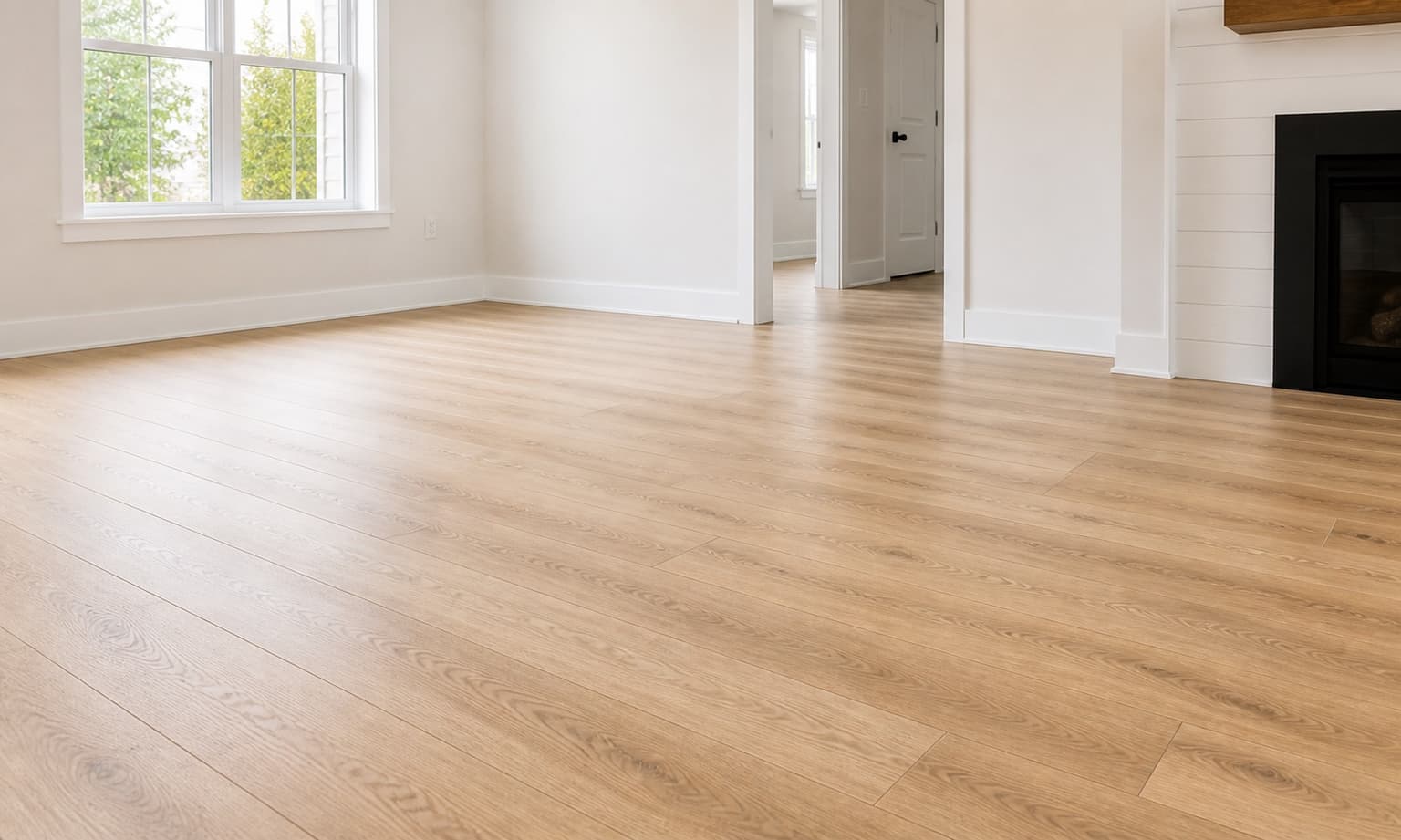 Finished light oak laminate flooring in a bright room