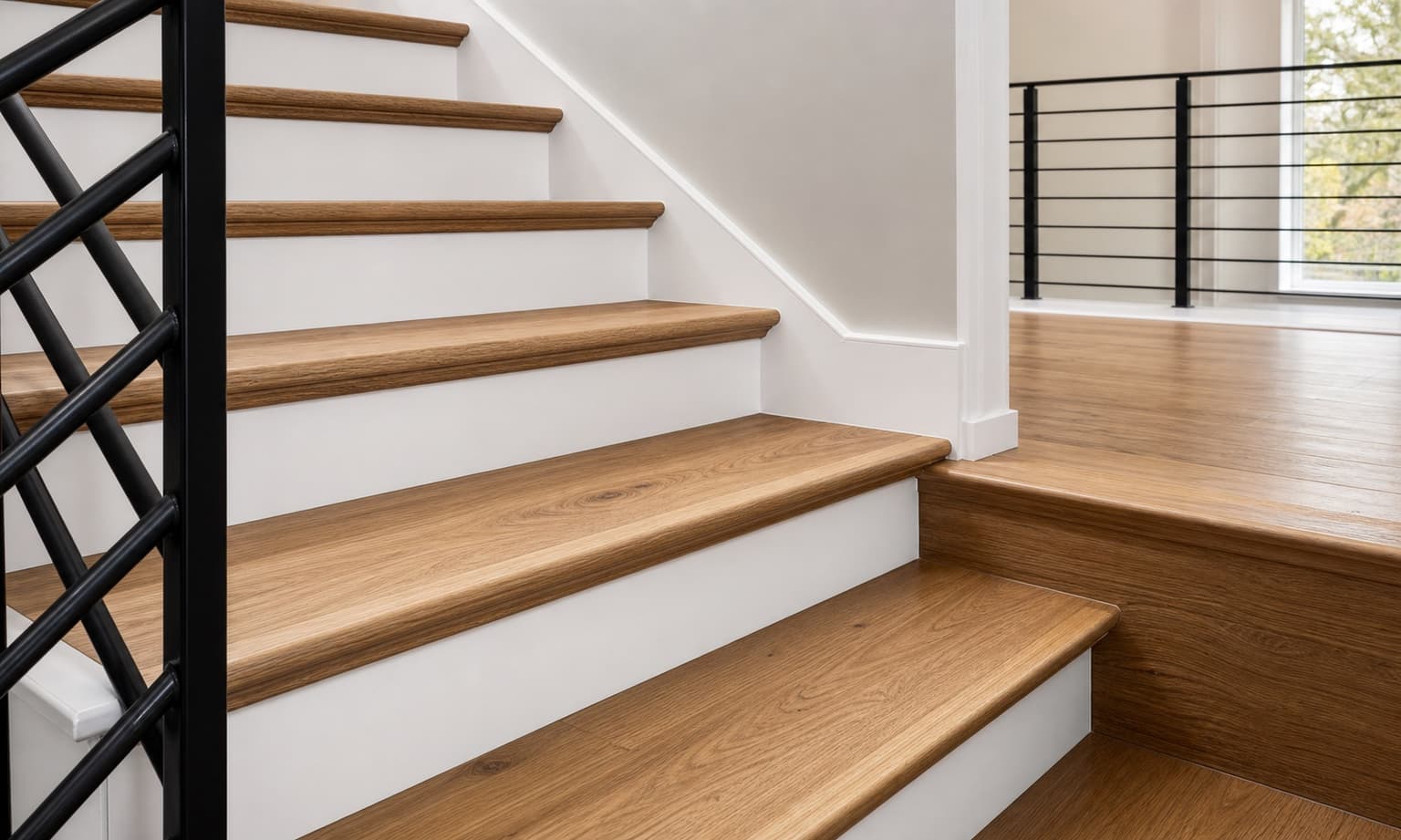 Finished wood stair treads with clean nosing detail