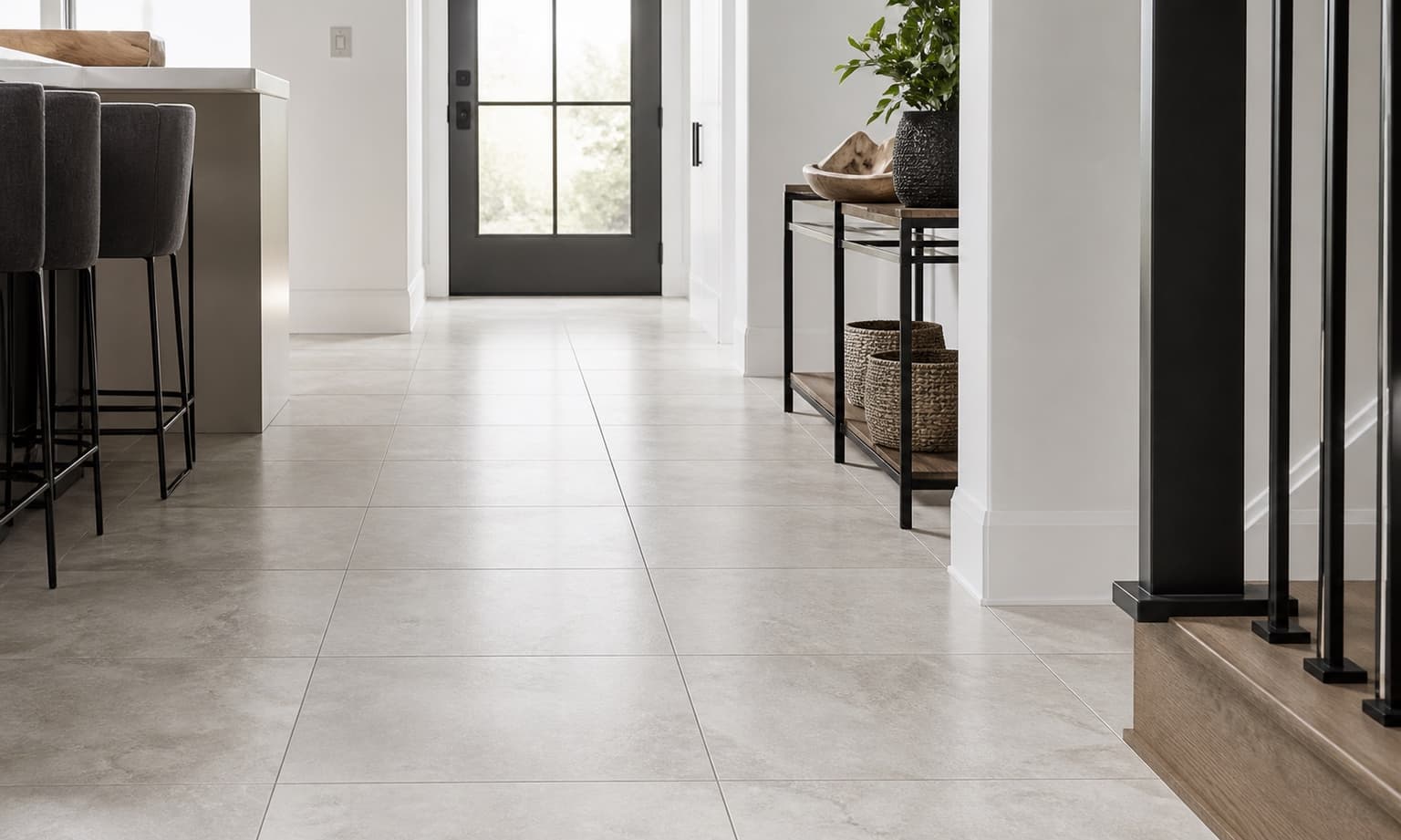 Finished large format tile flooring in a clean entry
